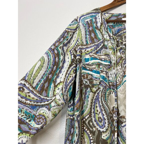 Chico's Earth Tone Popover Blouse Womens Sz XL Artsy Art to Wear Career Business - Picture 2 of 9